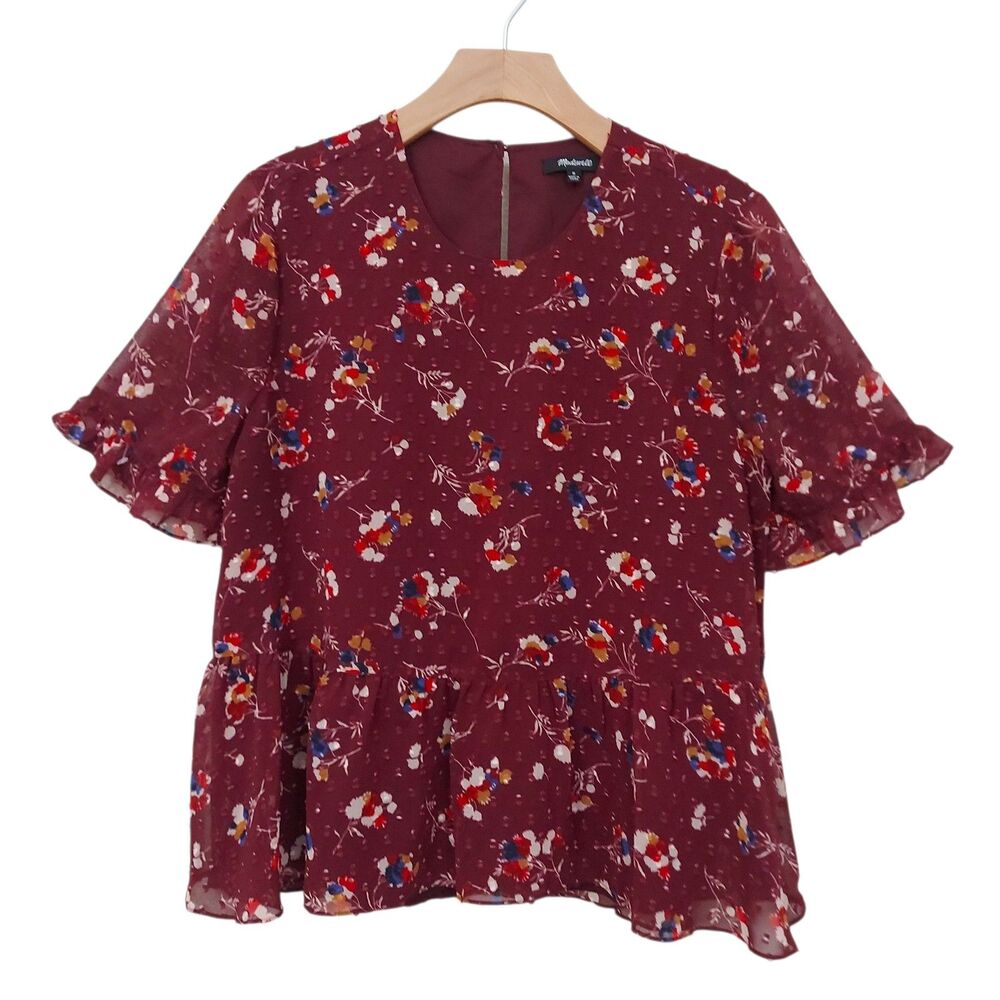 Madewell Peplum Blouse Womens Medium Burgundy Floral Clipdot Chiffon Chic Boho